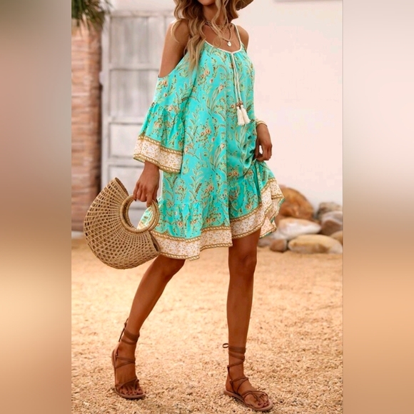 New Boho Coastal Floral Open Shoulder Mini Dress Turquoise Blue Green Tan - Picture 7 of 10